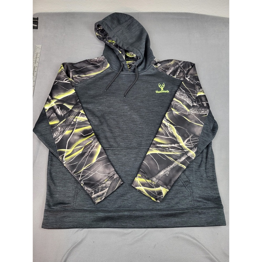 Huntworth Camo Hoodie‎ Men Large Gray Yellow Lightweight  Drawstring Pocket